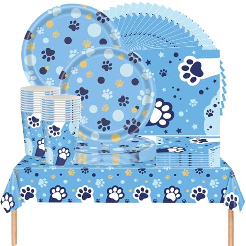61 Piezas de Doggie Paws Themed Party Tableware, Pet Birthday Party Tableware incluyendo tazas, platos, manteles, servilletas para 20 personas