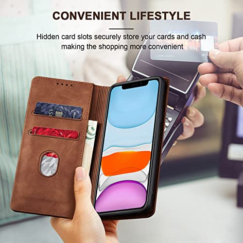 Image of Jasonyu Flip Wallet Case for iPhone 11,Leather Magnetic Folio Cover with Card Holder,Kickstand - TPU Shockproof Durable Protective Phone Case,Brown