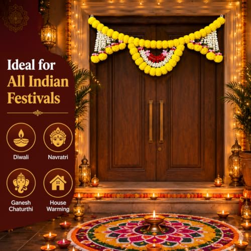 Image of Artificial Marigold Flower Toran for Main Door Entrance Traditional Bandarwal Door Hanging with Jasmine Strings for Diwali Pooja, Wedding & Housewarming Decoration 44 inch