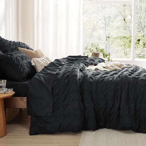 Bedsure Bed in a Bag Full - 7 Pieces Plaid Seersucker Bedding Comforter Sets, Soft Lightweight Black Boho Bed Set with Comforters Full Size, Sheets, Pillowcases & Shams