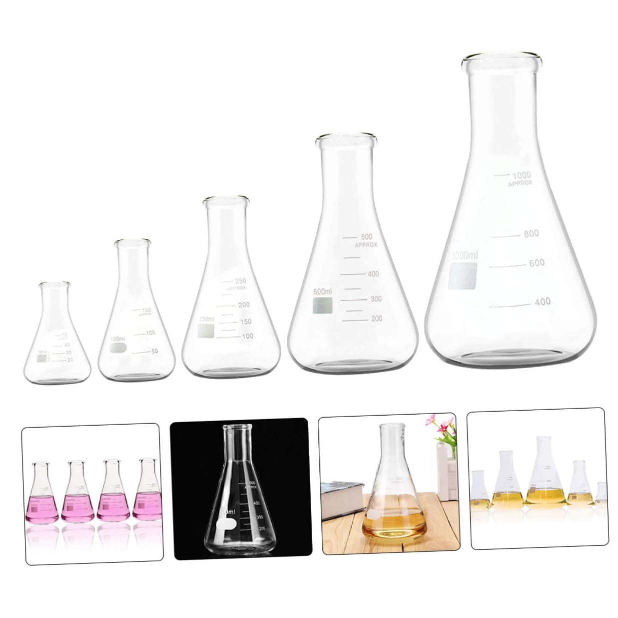 5 Pezzi Beuta Conica in Vetro per Laboratorio Collo Largo | Fondo Piatto, Tacche Standard, Area di Marcatura Ampia, Vetro a Spessore Uniforme