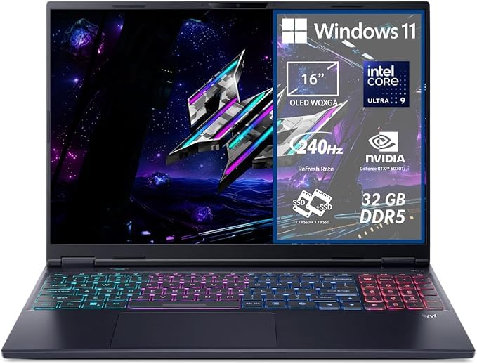 acer Predator Helios Neo 16S AI PHN16S-71-976U Notebook Gaming, NVIDIA GeForce RTX 5070 8 GB GDDR7, Intel Core Ultra 9 275HX, RAM 32 GB DDR5, 2 TB SSD, Display 16' OLED 240 Hz DDS, Windows 11 Home