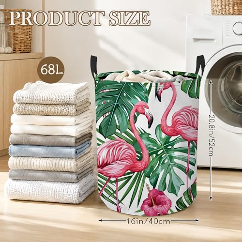 Image of Tropical Flamingo Laundry Basket, Palm Leaves Collapsible Laundry Hamper Waterproof Oxford Cloth With Handles, Clothes Storage Bucket For Bathroom /Bedroom 16 inch x 20.8 inch