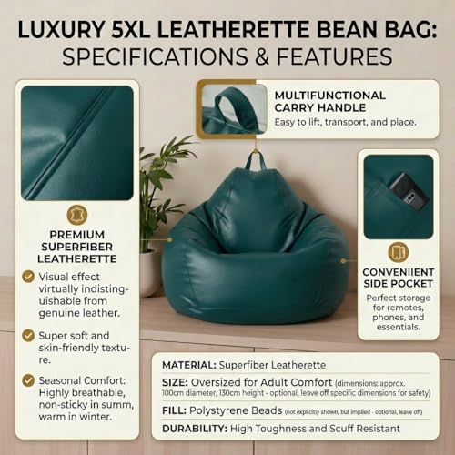 Image of KAM'S LIEU 6XL Jumbo Premium Bean Bag Chair with Footrest & Cushion | Filled with High Density EPS Beans | Comfortable Sofa for Living Room & Bedroom | 6 Months Warranty, Color- (Teal, 6XL, Premium)