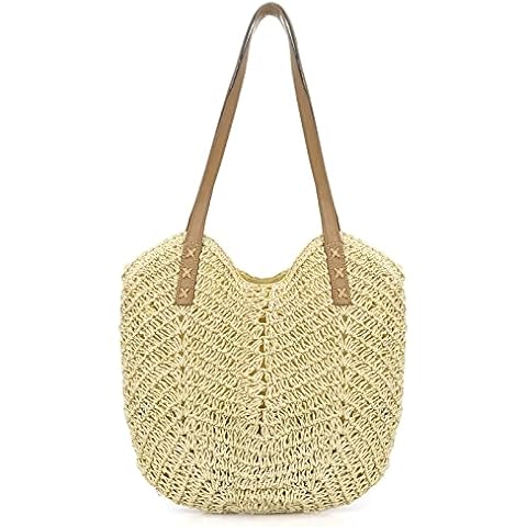 twirush Straw Shoulder Bag for Women, Large Capacity Straw Bags Summer Beach Straw Bag for Women Weave Handmade Handle Tote Bag, Straw Handbags With Zipper (Beige) Cover
