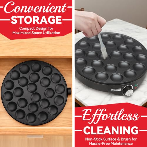 Image of SugarWhisk 24 Slots Mini Pancakes Maker, Poffertjes Maker Pan, Thin Ebelskiver Aebleskiver Pan, Electric Pancakes Maker, Dutch Pancake Machine, Browning Controllable, with Brush & Forks, Graphite