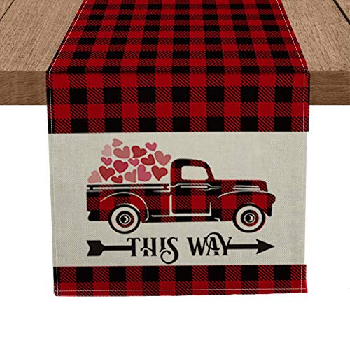 Artoid Mode Love Buffalo Love Heart Truck Table Runner, Seasonal Valentine's Day Anniversary Wedding Holiday Kitchen Dining Table Runners for Home Party Decor 13 x 72 Inch