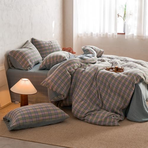 Image of EAVD Vintage Pastel Pink Buffalo Plaid Duvet Cover King Soft 100% Cotton Muslin Retro Green&Purple Grid Checkered Plaid Bedding Set with 2 Pillowcases Aesthetic Gingham Duvet Cover with Zipper Closure
