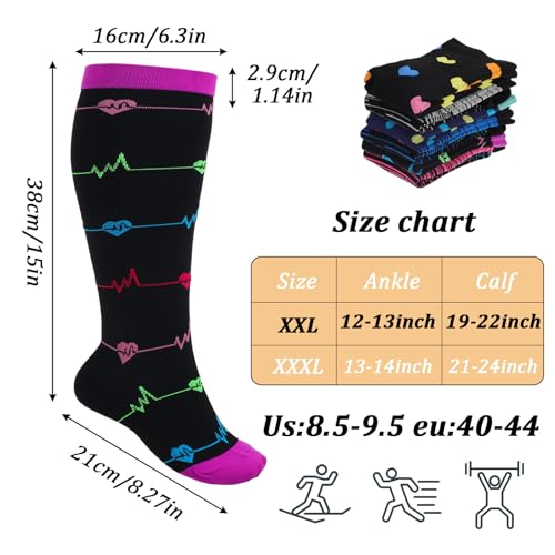 6 Pairs Plus Size Compression Socks for Women Wide Calf Knee High Compression Stockings for Circulation Travel Yoga Running, XX-Large2