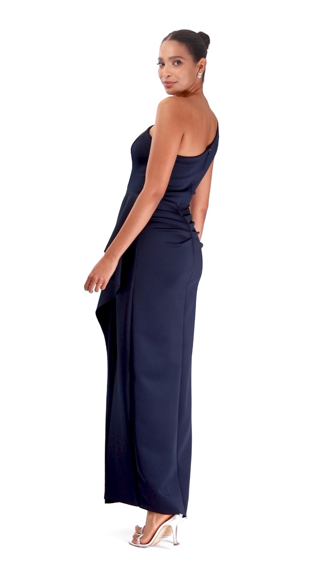 Amazon.com: Xscape Women's Long Stretch Scuba Sleeveless One Shoulder Side Ruffle  Dress, Black, 4 : Sports & Outdoors