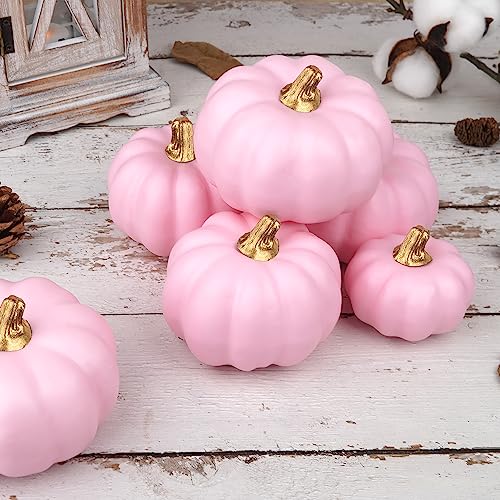 Image of Artmag Artificial Pumpkins Bulk 12Pcs Assorted Sizes Harvest Lifelike Pumpkin Fake Foam Pumpkin for Fall Autumn Halloween Home Party Thanksgiving Party Holiday Decor Pink