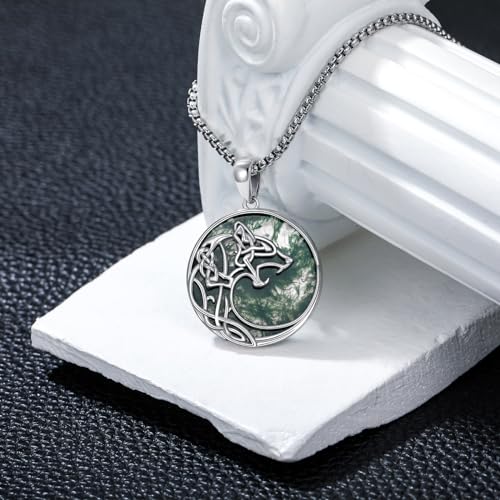 Wolf Moss Agate Necklace for Men S925 Sterling Silver Round Wolf Moss Agate Necklace for Men Handmade Silver Pendant Fine Jewelry Gifts for Father’s Day Men Him4