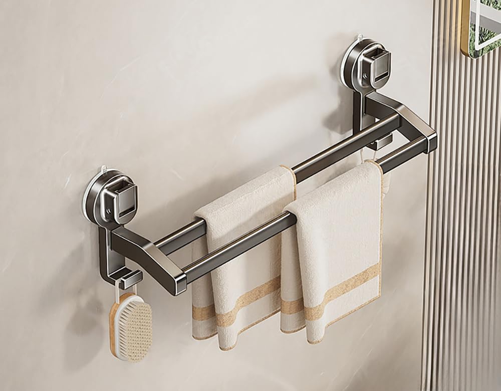Lngfsh Gray Double Towel Rail Suction Cup Towel Bar, Aluminium Towel Rail Wall Mounted With 2 Hooks, Hand Towel Holder For Bathroom And Kitchen, Stick On Wall, Door (,50Cm)