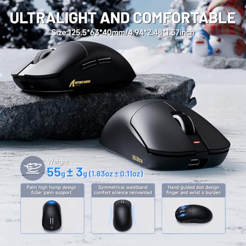 Image of ATTACK SHARK X8 Ultra Wireless Gaming Mouse, 42000 DPI PAW3950MAX Sensor, 8000Hz Polling Optical Nordic 52840 Tri-Mode 2.4G /BT /Wired, 55g Lightweight Big Hand Ergonomic Mouse with Coiled Cable-Black