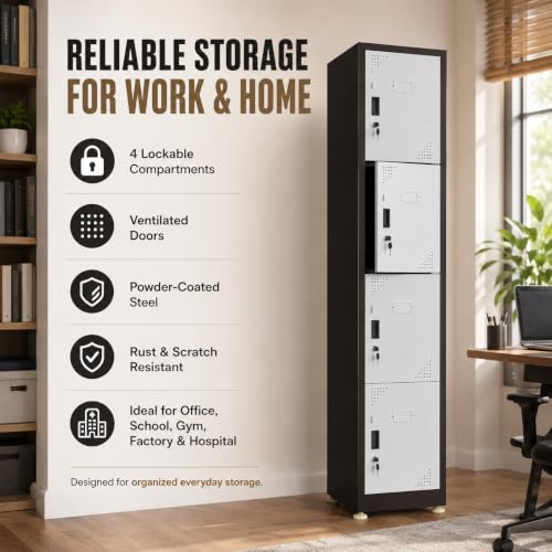 Image of Amazon Brand - Solimo 4-Door Vertical Steel Locker | Heavy-Duty Lockable Storage Cabinet for Gym, School, Office & Home | Secure Compartments for Clothes, Gear & Valuables Powder Coated Brown Finish