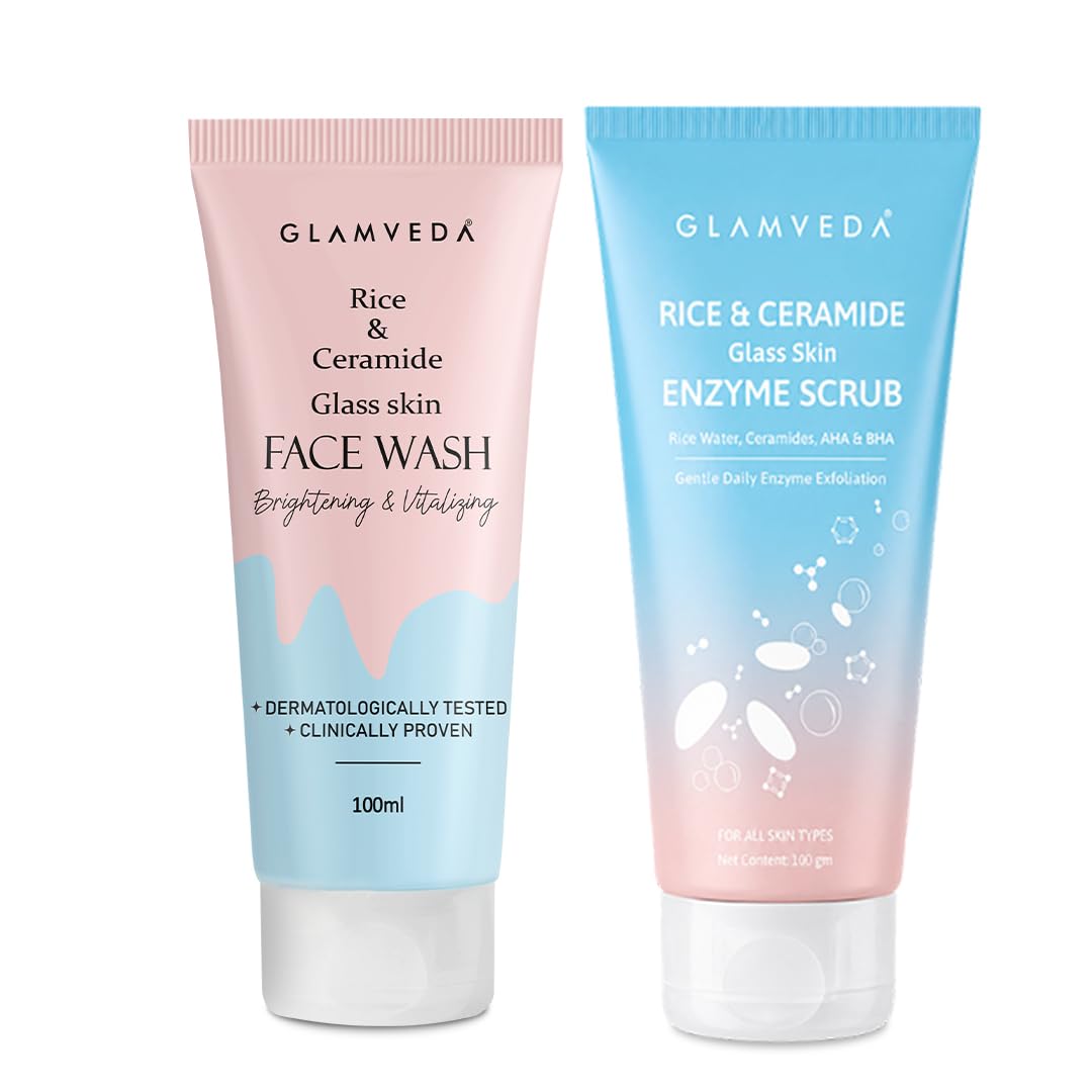 Glamveda Rice & Ceramide Glass Skin Duo | Face Wash & Enzyme Scrub Combo | Korean Skincare Inspired | Rice Water, Ceramides & AHA BHA | Gentle Exfoliating Cleanser for Smooth, Bright & Glowing Skin-image-36