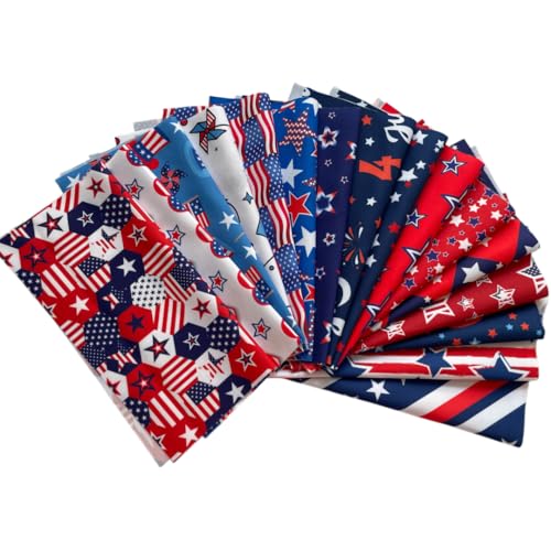 Patriotic Cotton Fabric Bundle, 16 Pcs 10x10 Inch Pre-Cut Quilt Squares, Red White and Blue American Flag Theme, DIY Sewing Patchwork (Multicolor)
