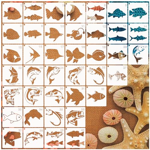 40pcs Fish Stencils for Painting on Wood Crafts Reusable Fishing Stencil Art Paint on Wall Canvas Pattern Paint Fisherman Stencils for Card Making Fabric Shirt Furniture(40 Fish)