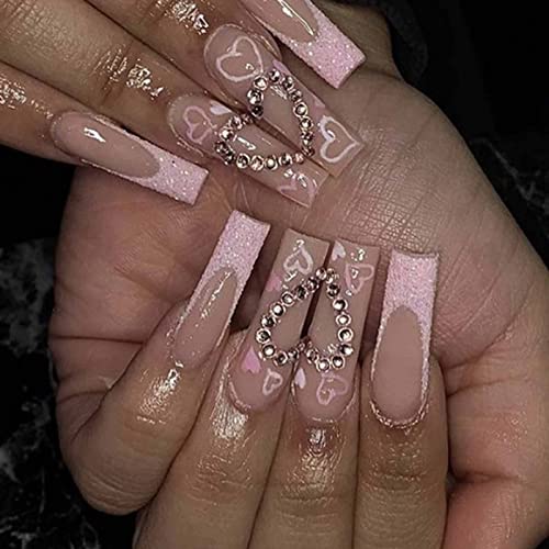 Kamize Luxury Press on Long Heart Fake Pink Nails Coffin Full Cover Acrylic French False Nails for Women and Girls 24PCS