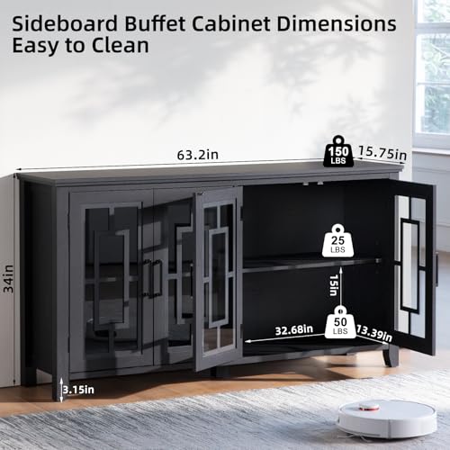 Large-Sideboard-Buffet-Cabinet-with-Storage-63-Farmhouse-Black-Kitchen-Coffee-Wine-Bar-Cabinet-with-4-Glass-Doors-Wood-Mid-Century-Modern-Side-Board-Table-for-Dining-Room-Living-Room Large Sideboard Buffet Cabinet with Storage 63 Farmhouse Black Kitchen Coffee Wine Bar Cabinet with 4 Glass Doors Wood Mid Century Modern Side Board Table for Dining Room Living Room