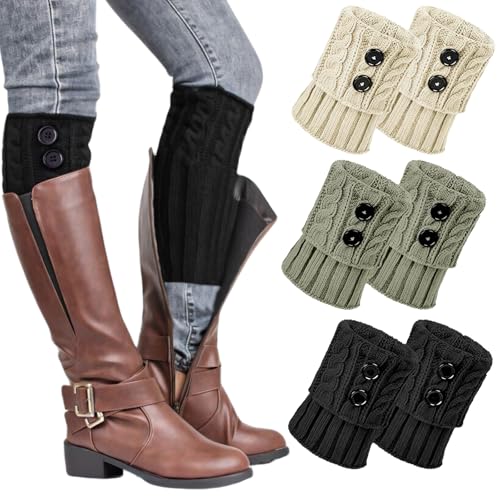 KEYRI 3 Paires Guêtres Femme, Bouton Crochet Jambière Tricotées Guetre Femme Hiver Chaudes Courte Chaussettes Boot Jambières Chaudes pour Ballet Yoga...