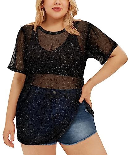 RITERA Plus Size Mesh Tops for Women Sexy Short Sleeve Sheer Fishnet Shirts Black Tshirts Blouses XL-5XL
