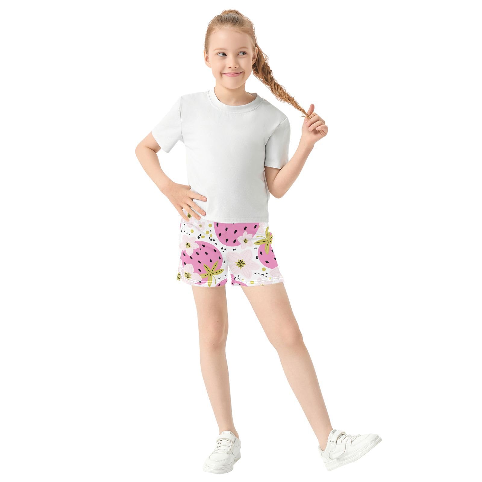 pnyoin Girl's Shorts Cute Strawberry Flowers Athletic Running Shorts with Pockets Size 14-15t