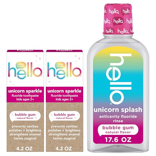 Image of Hello Unicorn Sparkle Kids Toothpaste with Fluoride and Unicorn Splash Kids Mouthwash with Fluoride Bundle Pack, No Alcohol Formula, Natural Flavor Bubblegum Mouthwash and Toothpaste