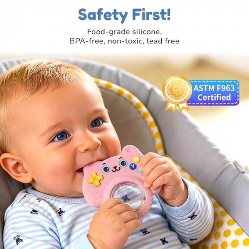 Image of Baby Teether Toy Silicone Cat Teething Ring -Game Controller, Baby Rattle Toy Chew Sensory Toys for Babies Over 3 Months, Teething Relief for Newborn Infant Essentials 0-6 6-12 Months, BPA Free -Pink