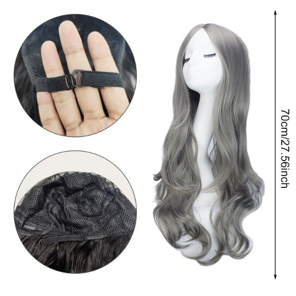 EUPSIIU Long Silver Grey Wave Wigs for Women 27’’ Long Curly Wigs, Ladies Fancy Dress Wig Synthetic Hair Wig - Image 2