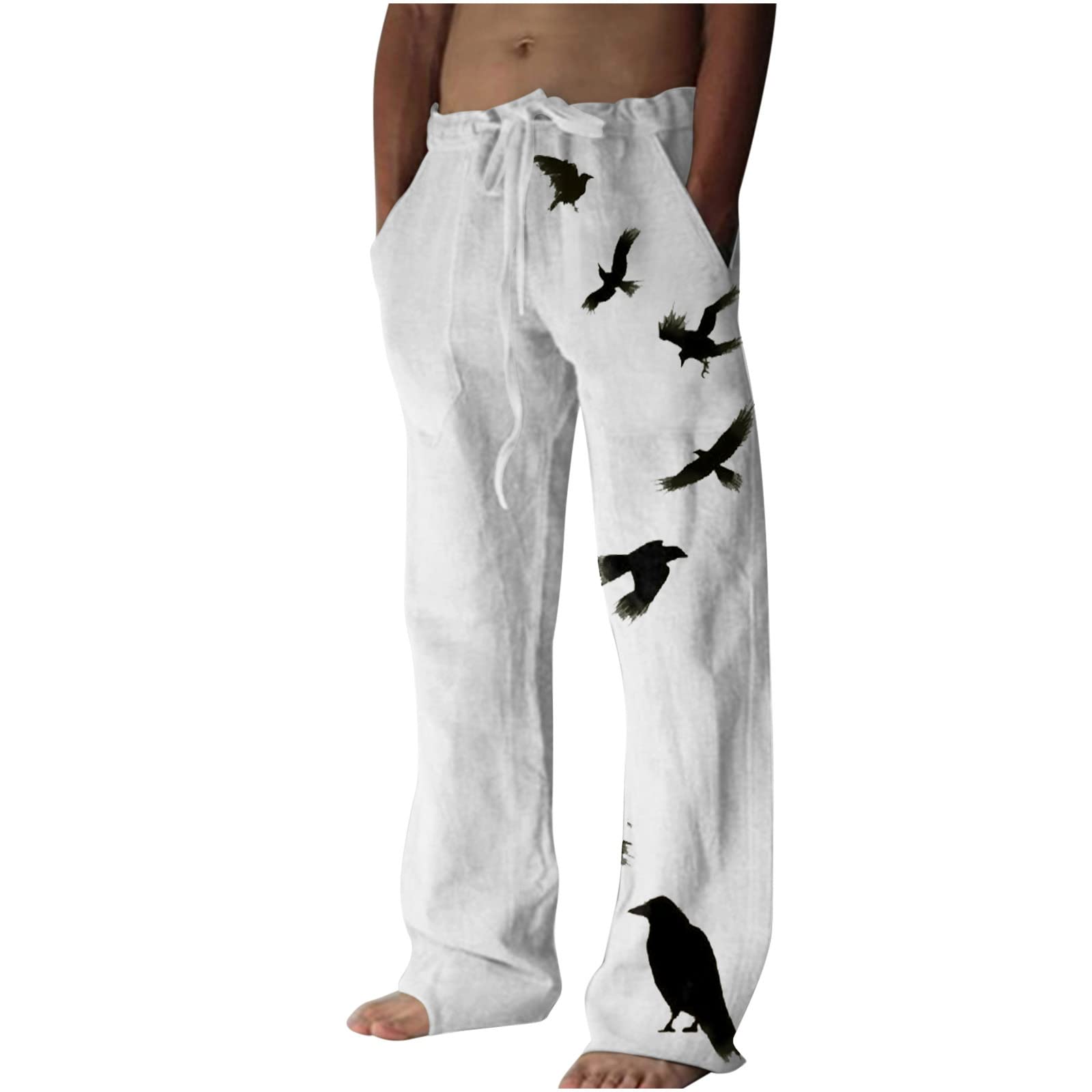 Men's Ethnic Style Printed Sweatpants Linen Vintage Elastic Waist Lace up Casual Pants Loose Fit Hippie Boho Trousers