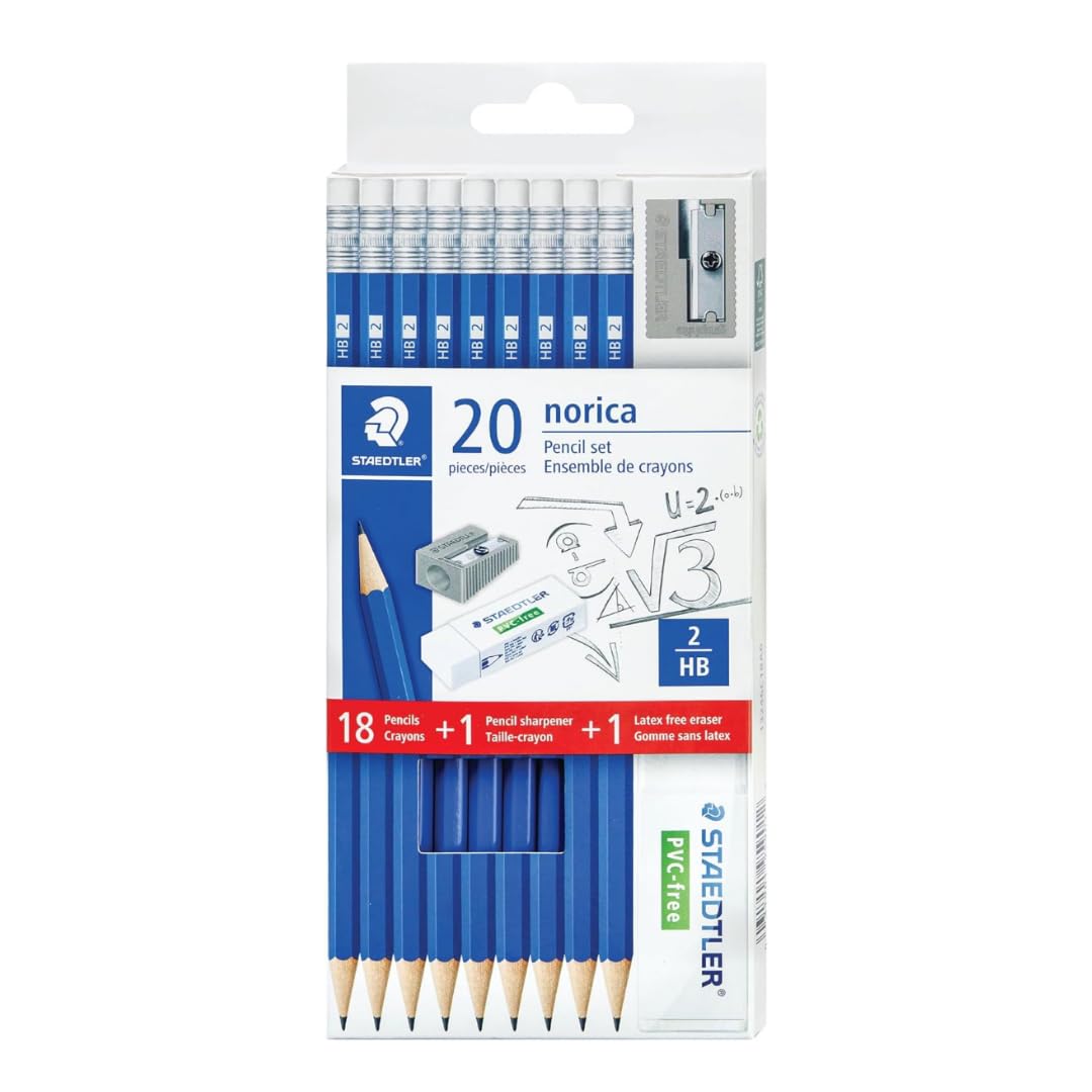 STAEDTLER Norica - Juego de 12 lápices (12 juegos de 20 piezas) 18 lápices HB #2 preafilados con 1 borrador y 1 sacapuntas, mina resistente a la rotura por paquete, 240 unidades