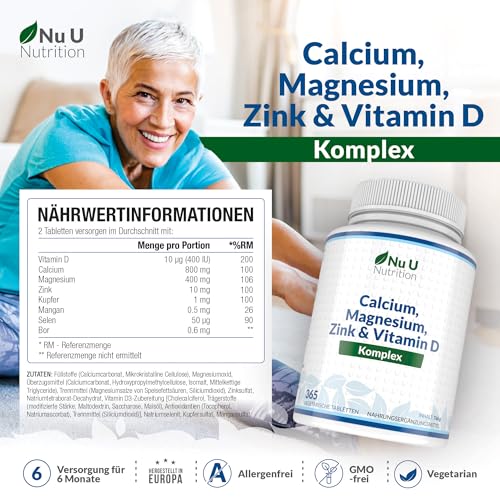 Calcium Magnesium Zink Hochdosiert - 365 Vegetarische Tabletten - 6 Monate - Kalzium Complex mit Vitamin D, Selen, Mangan, Bor & Kupfer - 800mg Calciumcarbonat pro Tagesdosis - Nu U Nutrition