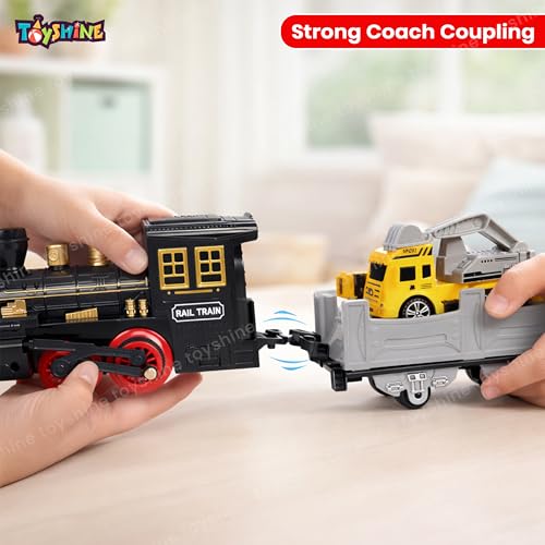 Image of Toyshine Classic Electric Train with Spray Function | Steam Mist Train with Light & Music | Track Set with Cargo Wagons & Vehicles | Realistic Railway Toy Set for Kids 3+