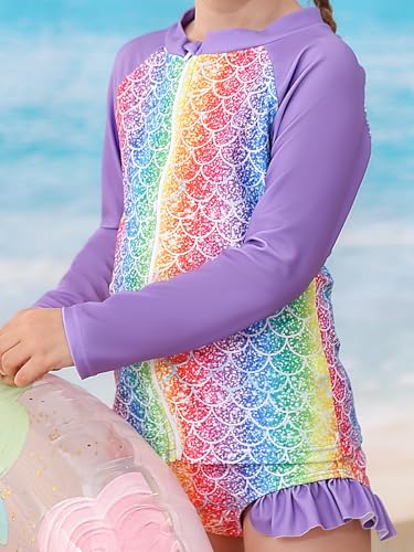 Image of Funnycokid Girls Swimsuit Kids Bathing Suit Rashguard Swimwear Long Sleeve 3 Piece Toddler 3-7 Years