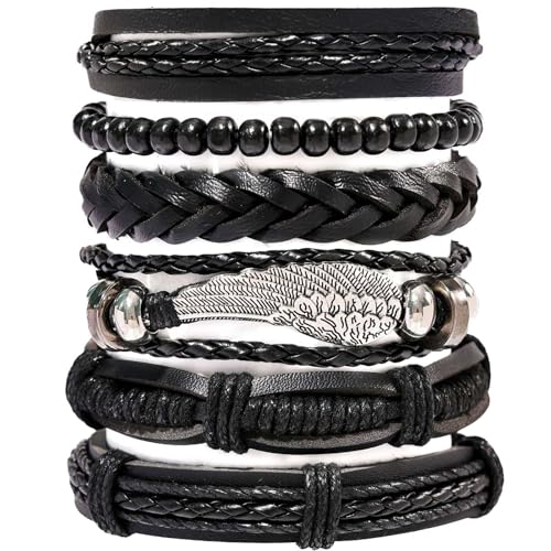 YUBBYSTU 6 Stück Armbänder Teiliges Armband für Männer Herren Gewebte Geflochtenes Lederarmband für Männer und Frauen Punk Herrenschmuck Schwarz Accessoires