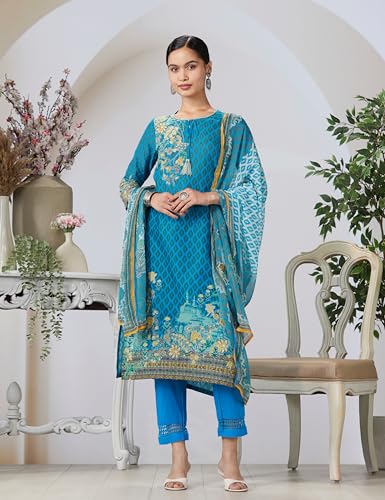 Image of BIBA Women Cotton Straight Kurta Slim Pants Suit Set