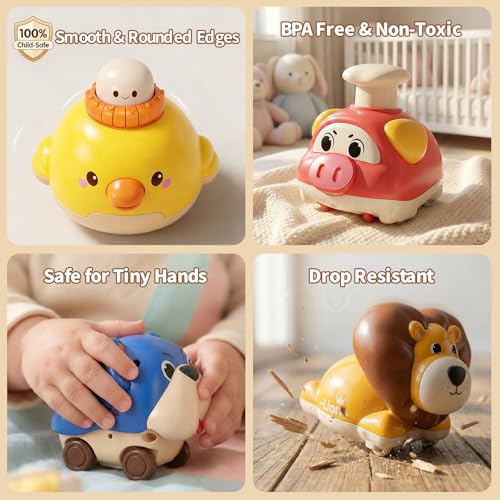 image for STACTCUTE 6pcs Press and Go Animal Toy Cars for Toddlers 1-3, Baby Pus