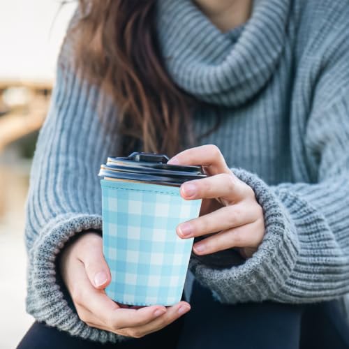 Image of Reusable Insulated Sleeve for Iced Coffee Cup, 3-Pack Coffee Neoprene Drink Sleeve for Cold & Hot Drinks, Beverage Holder for Iced Coffee (Soft Blue Gingham)