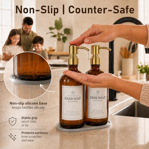 Image of Fachixy Amber Glass Soap Dispenser (2 Pack), 16 Fl Oz Hand & Dish Soap Dispenser Bottles Set with Rust-Resistant Stainless Steel Pump, Non-Slip Pad, 14 Waterproof Labels for Kitchen and Bathroom