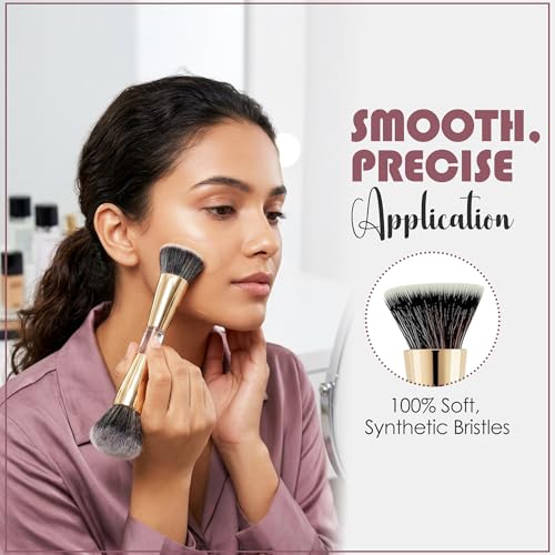 Image of GLUN 4in1 Makeup Brush Set, (2 Mini & 2 Big) Dual-Ended Soft Bristle Beauty Brushes Golden Chrome Finish with Elegant Flawless Face & Powder Application