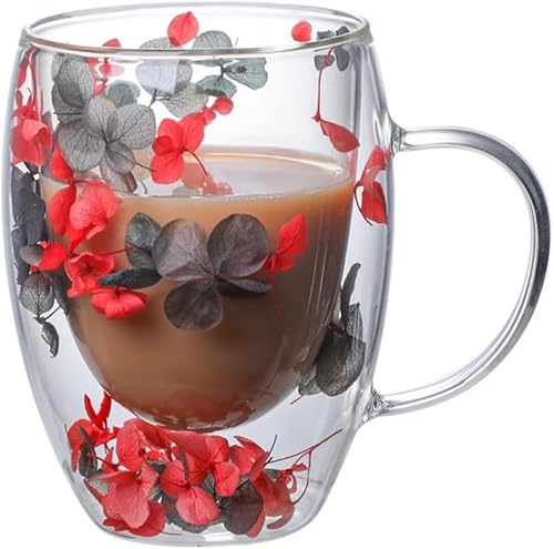 Tazas de café de vidrio transparente de doble pared con diseño de flores secas, tazas creativas de vidrio transparente con asa, taza de vidrio con