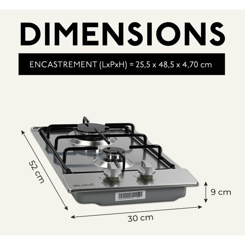 BELDEKO Plaque Gaz 2 Feux Domino 30 cm 4000W Inox - Marque Française