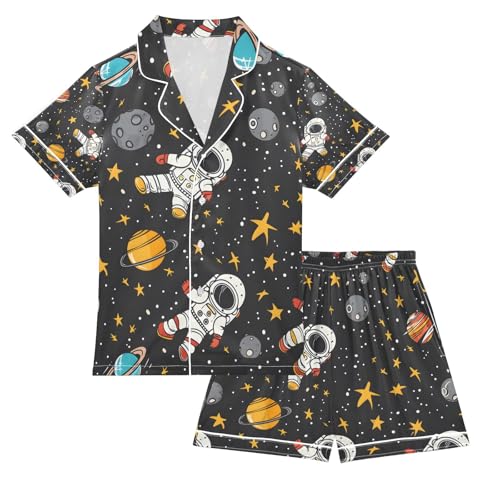 senya Cartoon Astronauts Satin Summer Pajama Sets Silk Short Sleeve Button Down Sleepwear