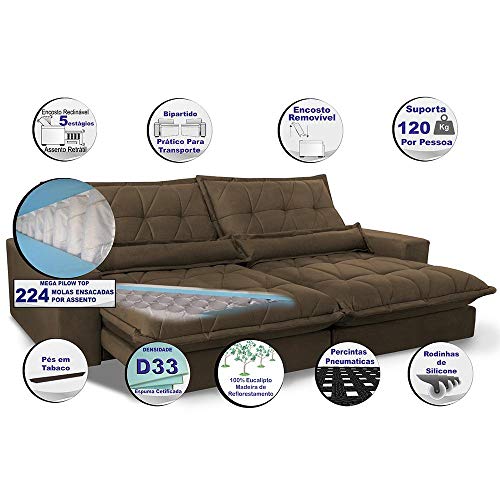 Sofa Retrátil e Reclinável com Molas Ensacadas Cama Inbox Soft 2,32 Mts Tecido Suede Café