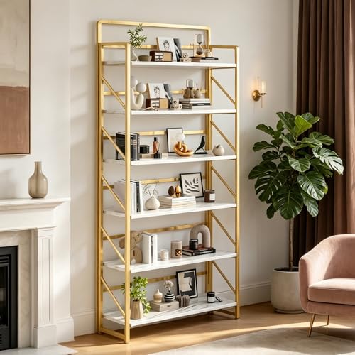 Image of JSB 6 Tier No Assembly Folding Bookshelf, 30.3 inch Wide Foldable Storage Bookcase for Home Office, Space-Saving Storage Shelf for Living Room (White&Gold)