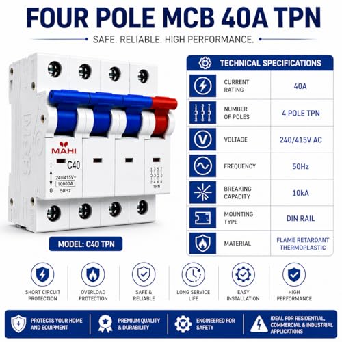Image of MAHI 40A Four Pole MCB C Curve, Miniature Circuit Breaker with Overload & Short Circuit Protection, 40A Breaking Capacity, Durable Polycarbonate Body for Home & Industrial Use