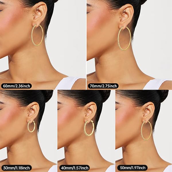 PABBEU 2mm 925 Sterling Silver Earrings Big Sterling Silver Hoop Earrings for Women Large Rhinestone Hoop Earrings Thin Hypoallergenic Cubic Zirconia Earrings for Women 30/40/50/60/70mm: 30mm Gold