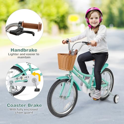 Image of BABY JOY Retro Kids Bike, 12 14 16 18 Inch Child Bike for 3-8 Years Old w /Rattan Basket, Adjustable Height, Training Wheels, Fenders, Handbrake Coaster Brake, 95% Pre-Assembled Kids Bicycle for Girls