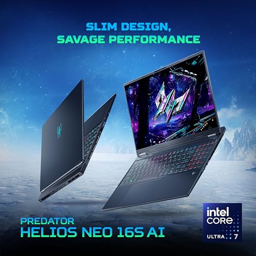 Image of acer Predator Helios Neo 16S AI,Intel Core Ultra 7 Processor 255HX,RTX 5070-8 GB GDDR7,16 GB /1 TB,WQXGA OLED,16.0 inch /40.64 cm,240Hz,Win 11 Home,Abyssal Black,2.3 kg,PHN16S-71, RGB KB,Gaming Laptop